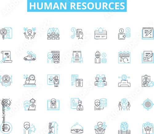 Human resources linear icons set. Recruitment, Hiring, Onboarding, Training, Development, Performance, Management line vector and concept signs. Diversity,Inclusion,Equality outline illustrations