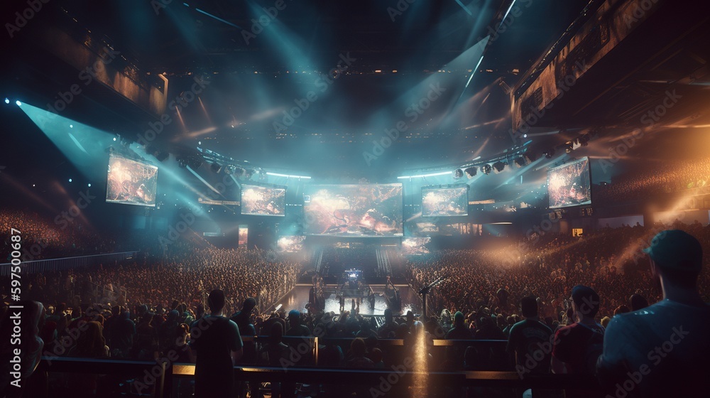 E-sports arena, esports tournament. Big illuminated main stage of a ...