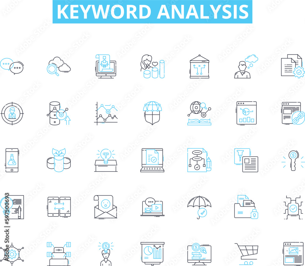 Keyword analysis linear icons set. Metrics, Research, Strategy, Rank, Competition, Optimization, Algorithm line vector and concept signs. Keywords,Traffic,Targeting outline illustrations