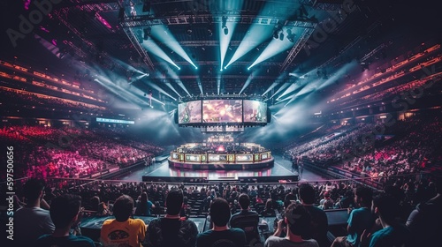 E-sports arena, filled with cheering fans and colorful LED lights. Players compete on a large stage in front of a massive screen displaying the game. Generative AI
