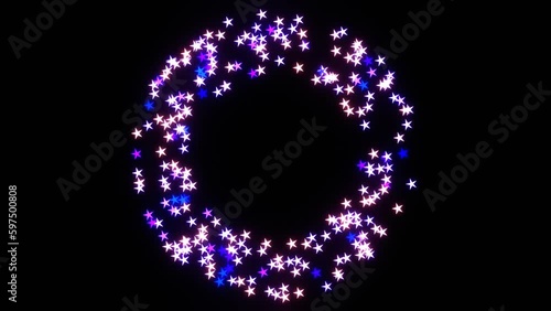 The Glowing stars float in and out in circles from the center on black background.