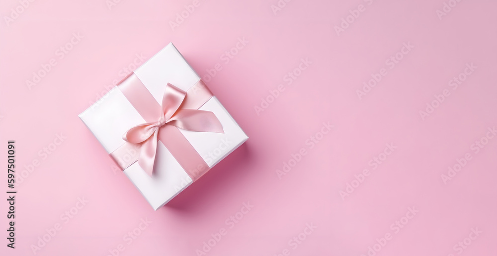 White Gift Box With Pink Ribbon on Pink Background, Top View With Copy Space: AI Generated Image White Gift Box With Pink Ribbon on Pink Background, Top View With Copy Space: AI Generated Image