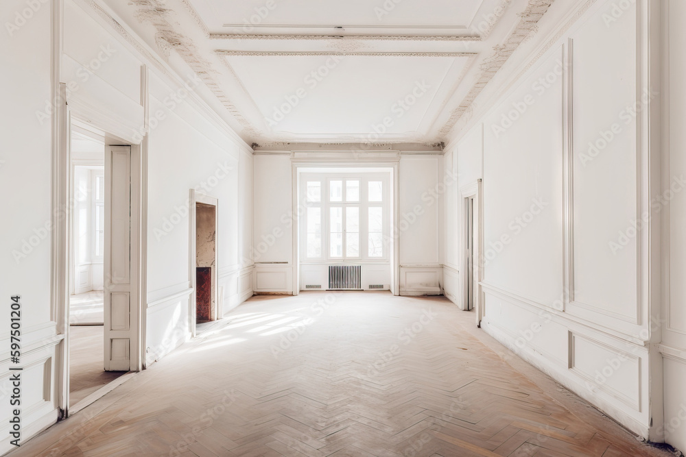 Generative AI illustration of spacious empty room with white walls and wooden floor against windows after renovation Generative AI illustration of spacious empty room with white walls and wooden floor against windows after renovation