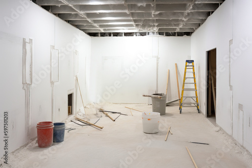 Generative AI image of empty space with painted white walls and painting work tools during renovation