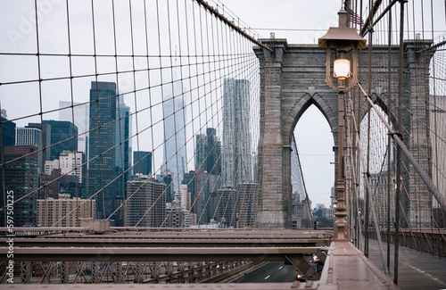 New York city skyline behind Brooklyn Bridge 