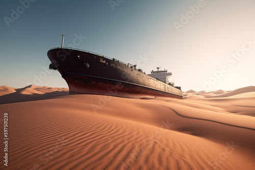 Ship oil tanker in the middle of the desert. Generative AI photo