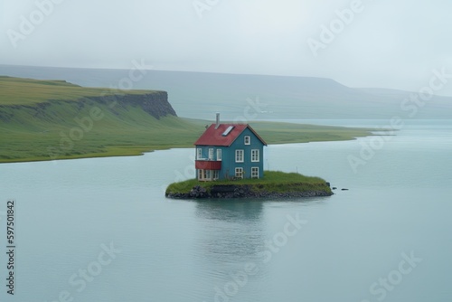 A house in the middle of lake. Generative AI