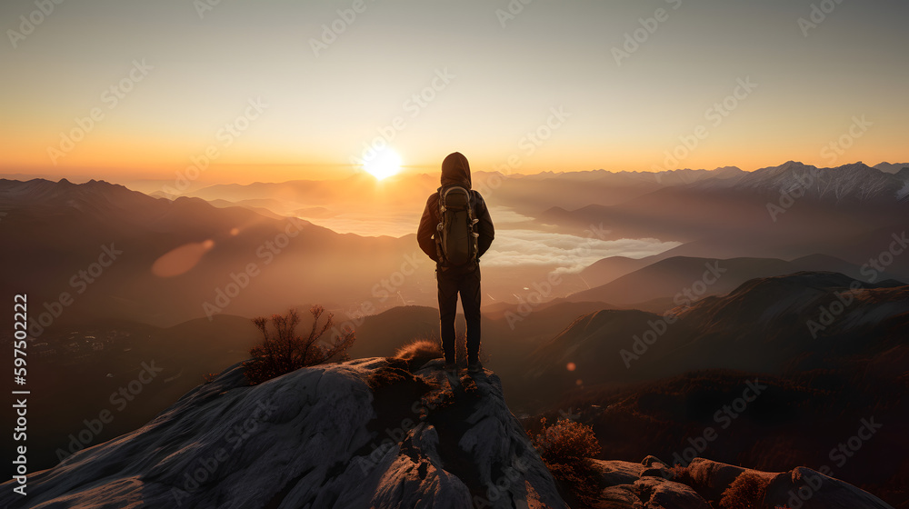Hiker on peak of mountain enjoying view of the landscape, generative AI