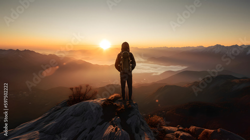 Hiker on peak of mountain enjoying view of the landscape, generative AI