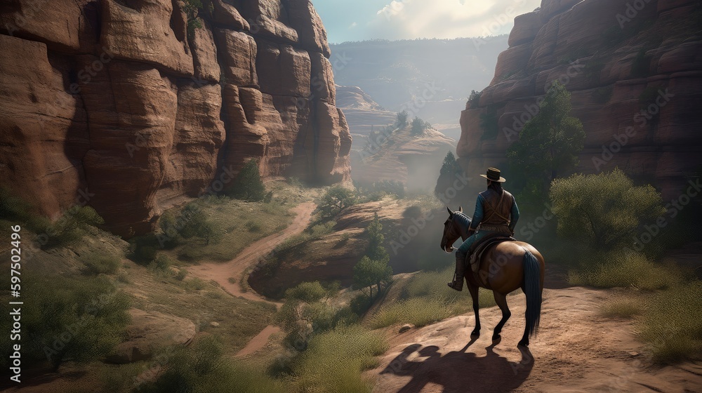 Cowboy on horseback, landscape with canyons, wild west concept. Generative AI