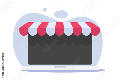 Shop online ecommerce store on laptop icon vector blank screen graphic illustration, web internet digital virtual commerce on computer pc with awning clipart image showcase storefront