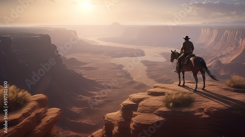 Cowboy on horseback, landscape with canyons, wild west concept. Generative AI © Deivison