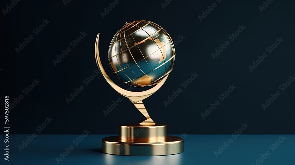 Trophy illustration with world map, competitiveness and victory concept, blue background. Generative AI Trophy illustration with world map, competitiveness and victory concept, blue background. Generative AI