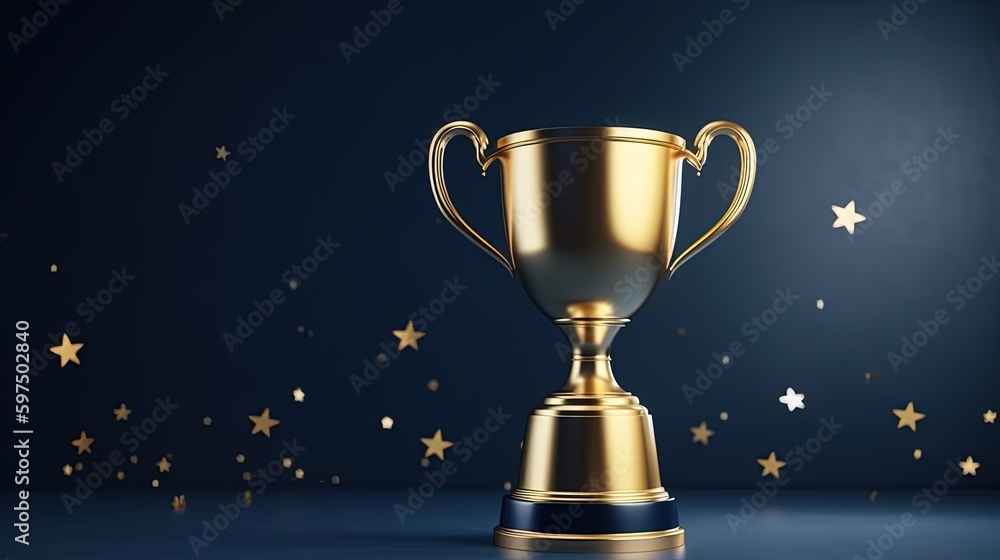 Golden trophy and stars illustration, competitiveness and victory concept, blue background. Generative AI Golden trophy and stars illustration, competitiveness and victory concept, blue background. Generative AI