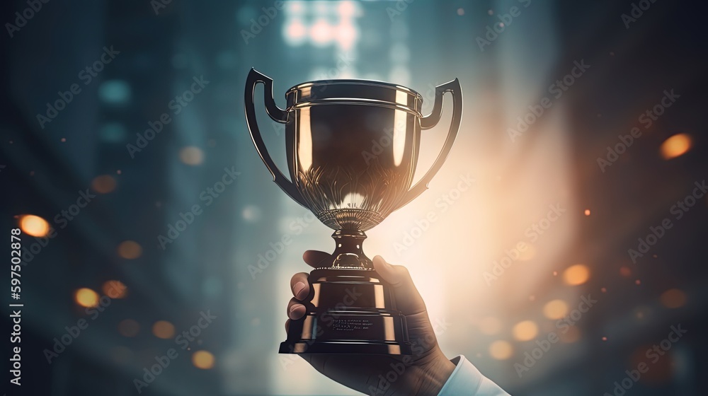 Illustration of hand holding trophy, competitiveness and victory concept, bokeh background. Generative AI Illustration of hand holding trophy, competitiveness and victory concept, bokeh background. Generative AI