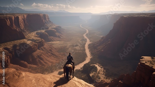 Cowboy on horseback, landscape with canyons, wild west concept. Generative AI photo