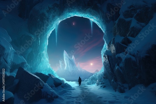 Landscape with mystical ice portal  aurora borealis  mountains and glaciers in the background  fantasy concept. Generative AI