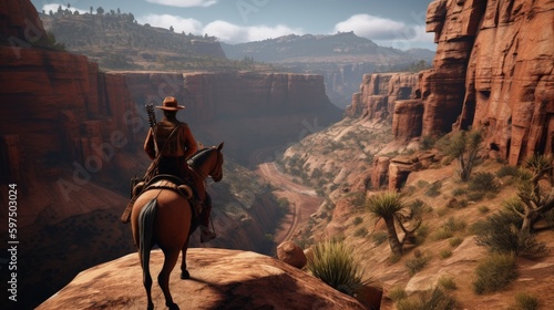 Cowboy on horseback, landscape with canyons, wild west concept. Generative AI photo