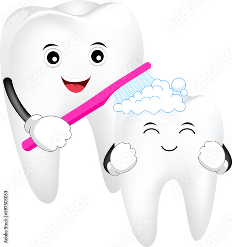 Cute cartoon tooth character. Mom brushing tooth baby. First tooth, Dental care concept. illustration.