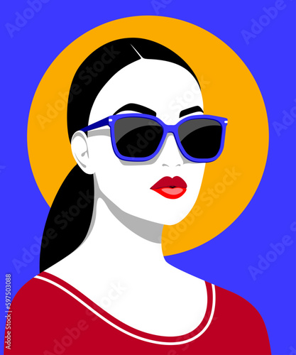 1384_Vector portrait of beautiful woman with long black ponytail wearing fashionable sunglasses and red T-shirt