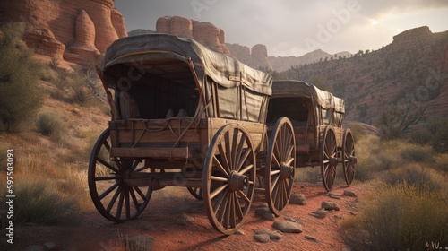 Old wagon in the middle of canyons, landscape, wild west concept. Generative AI