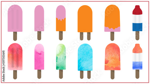 Colorful ice cream set  Tasty summer dessert  Ice-cream with different size   style  Vector illustration of seasonal healthy food for takeout  cafe  bar menu  banner  Ice cream seamless pattern