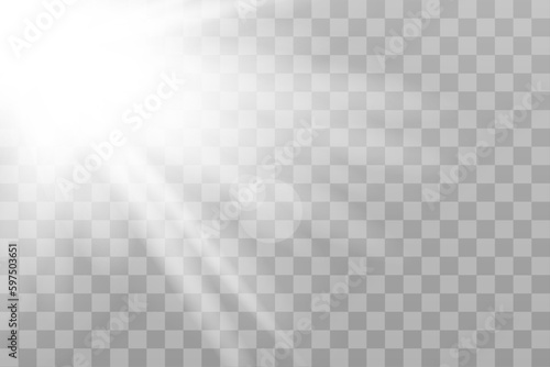 Shining sun glare rays, lens flare vector illustration with a rainbow. Sunlight glowing png effect. White beam sunrays sky background