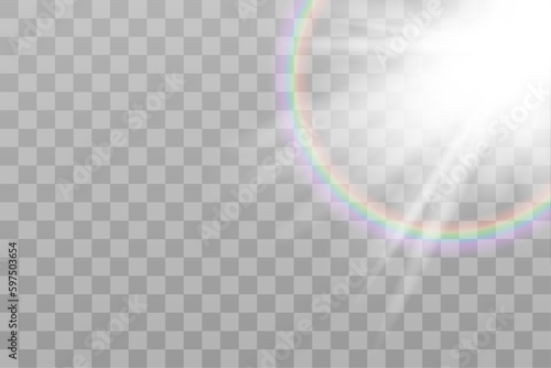 Shining sun glare rays, lens flare vector illustration with a rainbow. Sunlight glowing png effect. White beam sunrays sky background