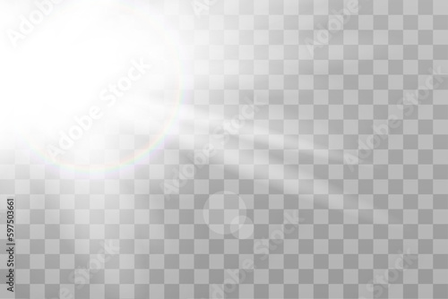 Shining sun glare rays, lens flare vector illustration with a rainbow. Sunlight glowing png effect. White beam sunrays sky background