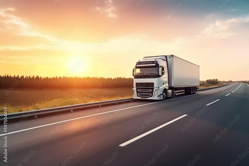 European style truck on freeway pulling load. Transportation theme. Road cars theme. Golden hour