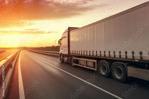European style truck on freeway pulling load. Transportation theme. Road cars theme. Golden hour