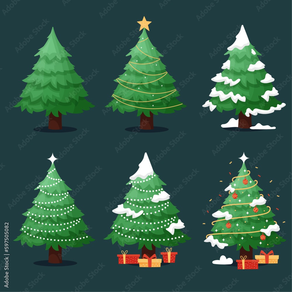 Set of Christmas trees, with snow and gifts, decorated Christmas trees, Christmas, vector illustration