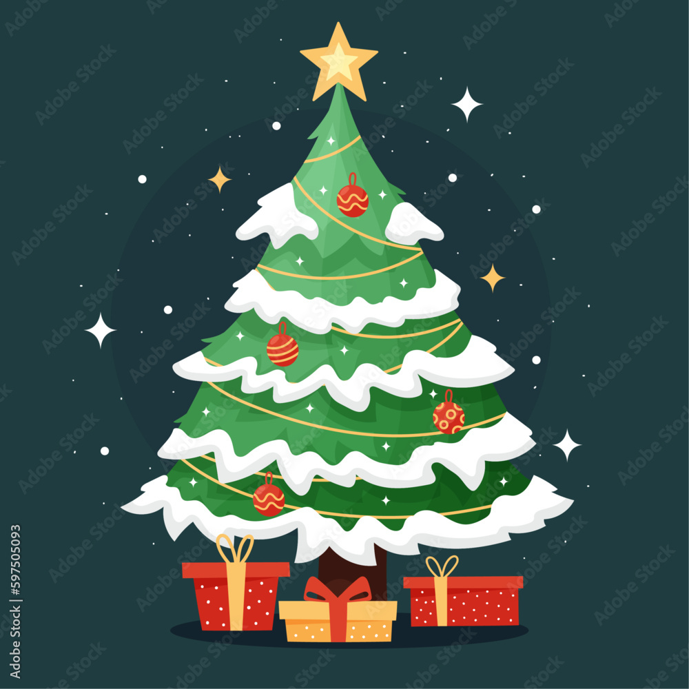 Christmas tree, with gifts and decorations, with a star, Merry Christmas, vector illustration Christmas tree, with gifts and decorations, with a star, Merry Christmas, vector illustration