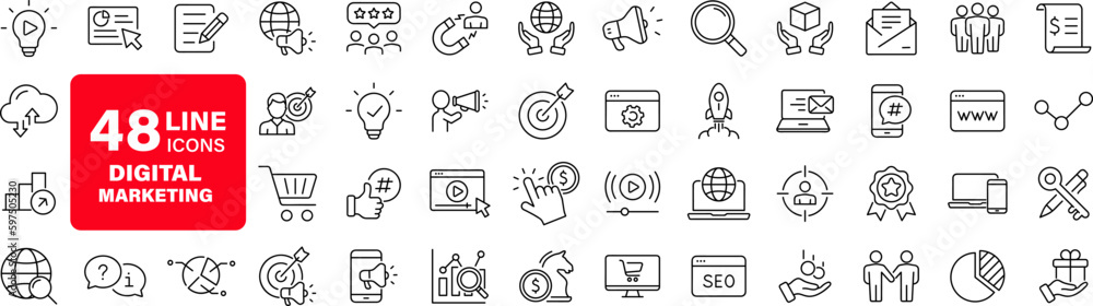 Digital marketing set of web icons in line style. Marketing icons for web and mobile app. Communication, advertising, ecommerce, seo, content, product, target audience, website, social media and more - obrazy, fototapety, plakaty 