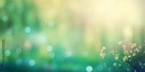 Sunny abstract green nature background, green blurred bokeh lights, abstract banner. Generative AI