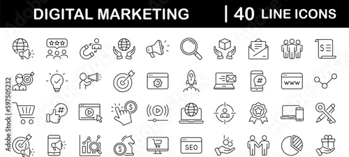 Digital marketing set of web icons in line style. Marketing icons for web and mobile app. Communication, advertising, ecommerce, seo, content, product, target audience, website, social media and more