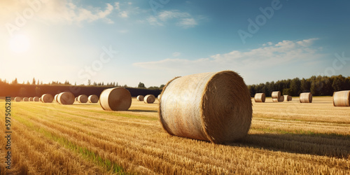 A haystack left in a field after harvesting grain crops. Harvesting straw for animal feed. 
