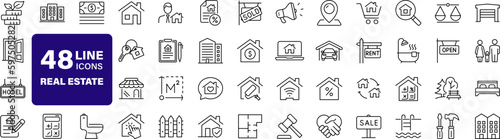 Real Estate set of web icons in line style. Realty icons for web and mobile app. Purchase and sale of housing, property, rental premises, insurance, realty, home loan, mortgage and more