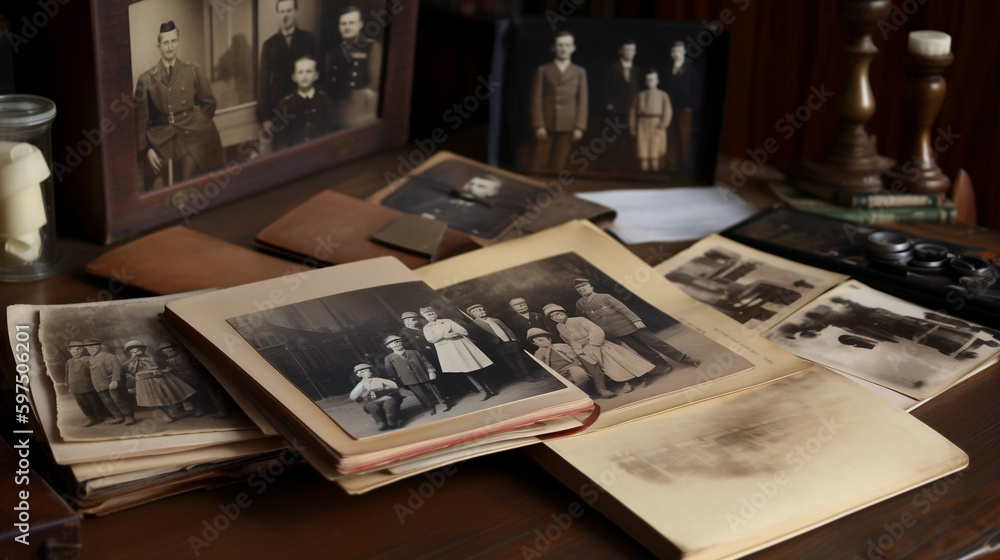 Family tree concept, dna, genes, ancestors. An album with old photographs lies on the table, top view, AI generated