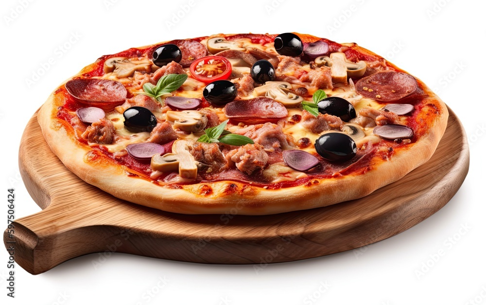 Tasty pizza on wooden board isolated on white background Generative AI Tasty pizza on wooden board isolated on white background Generative AI