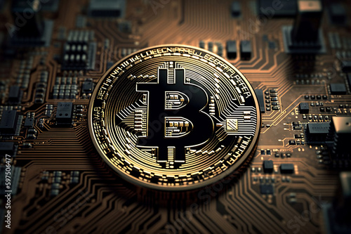Bitcoin on Circuit Board: The Intersection of Technology and Currency. created with Generative AI