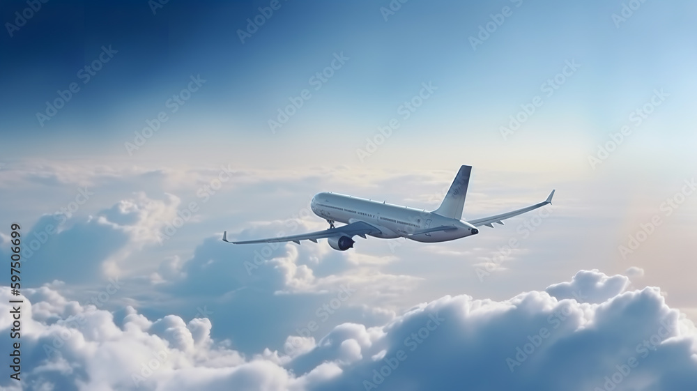Passengers commercial airplane flying above clouds. Concept of fast travel, holidays and business. Passengers commercial airplane flying above clouds. Concept of fast travel, holidays and business.