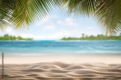 Sandy Beach with Island in the Background. created with Generative AI © photobuay
