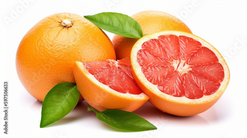 Orange grapefruit slices with leaf isolated on white background Ai generated image