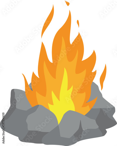 Bonfire burning flame with gray stones camping outdoor summer recreation isometric vector