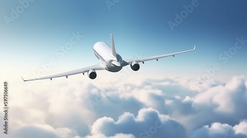Passengers commercial airplane flying above clouds. Concept of fast travel  holidays and business.