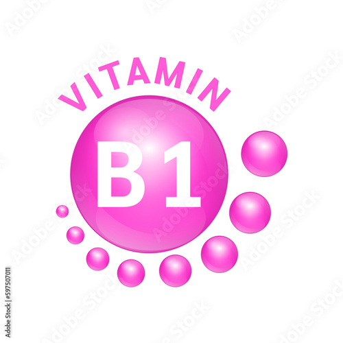 Symbol Icon Vitamin B1 pink substance . Vector Illustration 3D. realistic design, small circle around. Isolated on white background. Personal care, beauty concept. Medicine health symbol of thiamine.