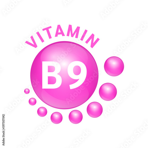 Symbol Icon Vitamin B9 pink substance . Vector Illustration 3D. realistic design, small circle around. Isolated on white background. Personal care, beauty concept. Medicine health symbol of thiamine.