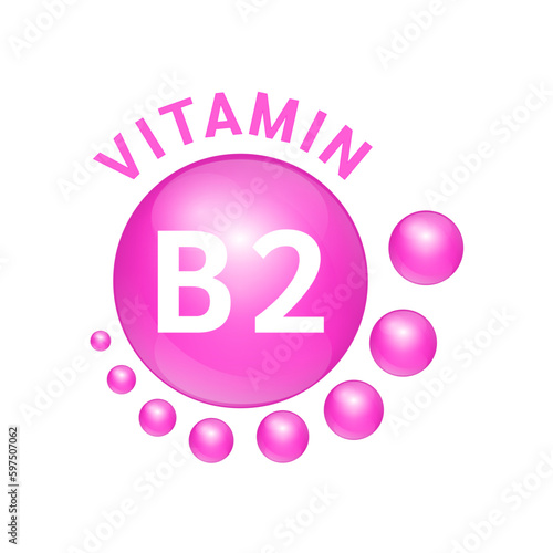 Symbol Icon Vitamin B2 pink substance . Vector Illustration 3D. realistic design, small circle around. Isolated on white background. Personal care, beauty concept. Medicine health symbol of thiamine.