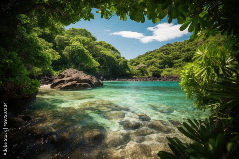 Stunning photograph of a hidden tropical lagoon nestled in a lush cove, featuring crystal clear water glistening under the bright sun. Created with generative A.I. technology.